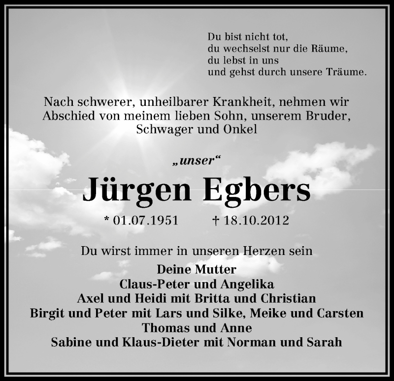 Traueranzeige von Jürgen Egbers von WESER-KURIER