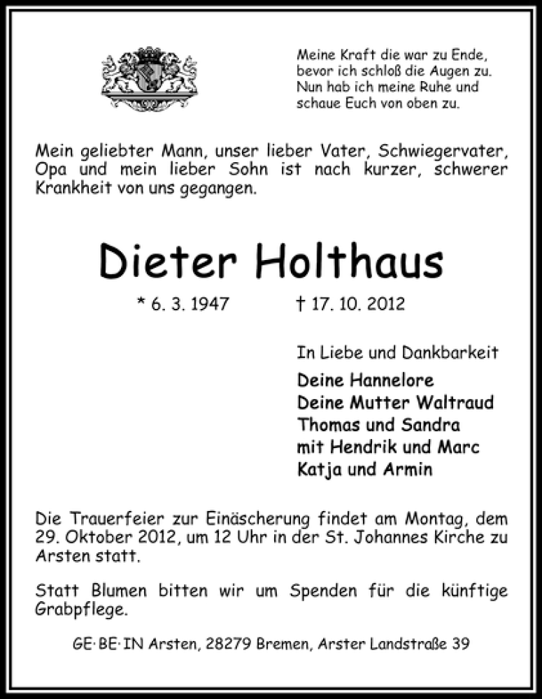 Traueranzeige von Dieter Holthaus von WESER-KURIER