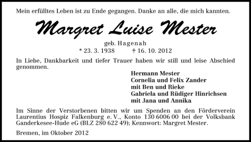 Traueranzeige von Margret Luise Mester von WESER-KURIER