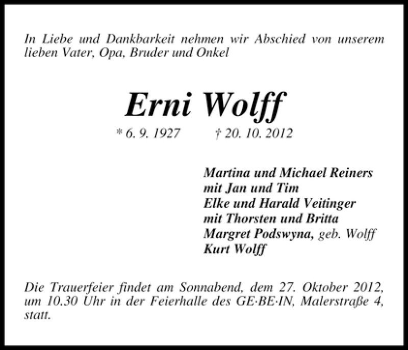Traueranzeige von Erni Wolff von WESER-KURIER