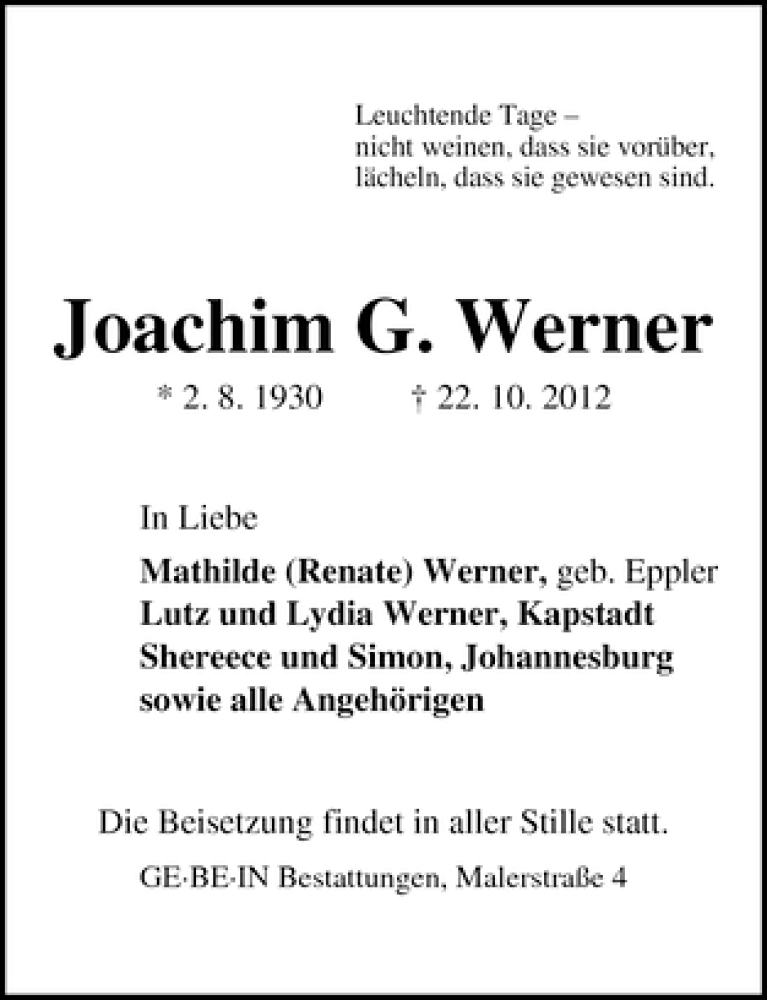 Traueranzeige von Joachim G. Werner von WESER-KURIER