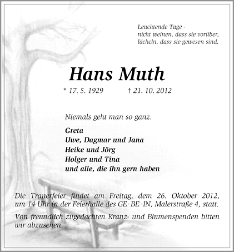Traueranzeige von Hans Muth von WESER-KURIER
