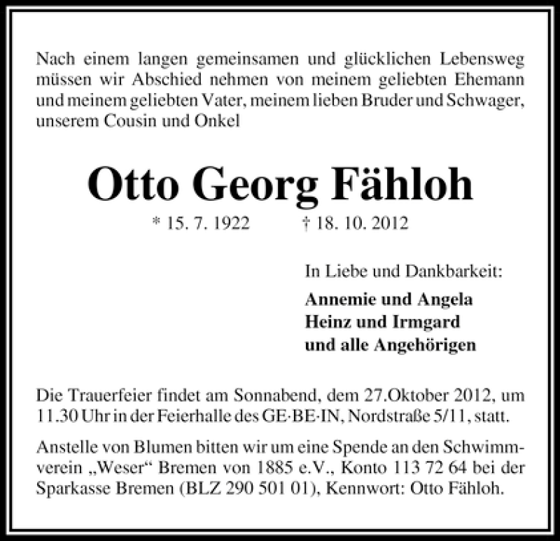 Traueranzeige von Otto Georg Fähloh von WESER-KURIER