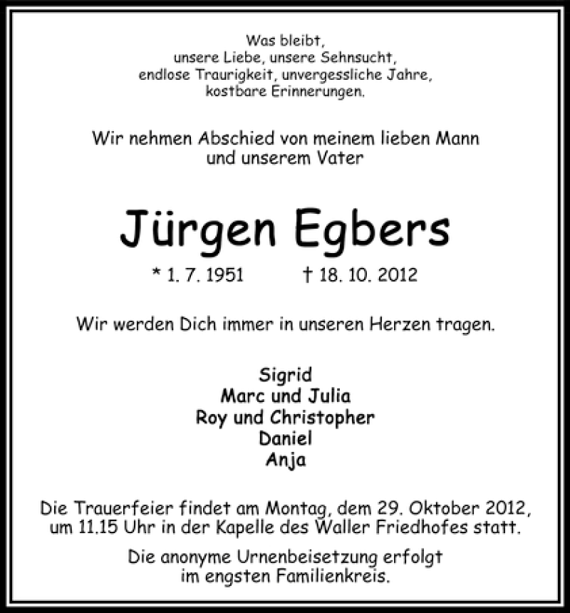 Traueranzeige von Jürgen Egbers von WESER-KURIER