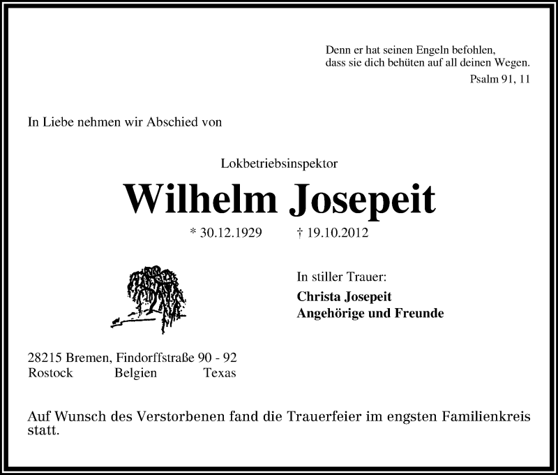 Traueranzeige von Wilhelm Josepeit von WESER-KURIER