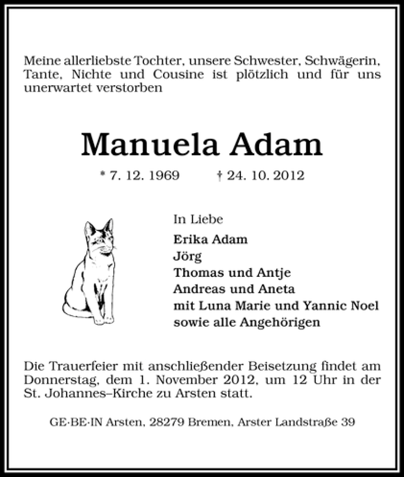Traueranzeige von Manuela Adam von WESER-KURIER