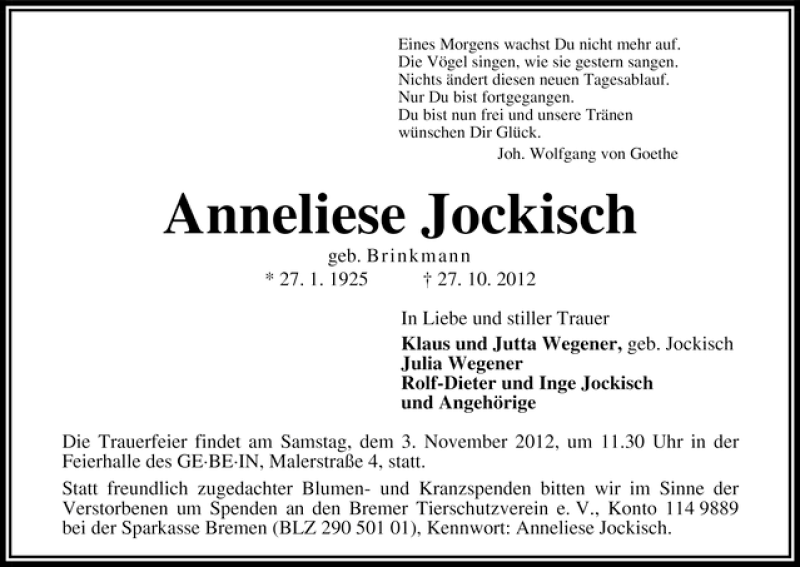 Traueranzeige von Anneliese Jockisch von WESER-KURIER