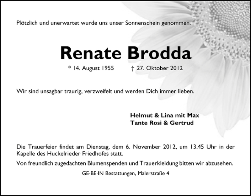 Traueranzeige von Renate Brodda von WESER-KURIER