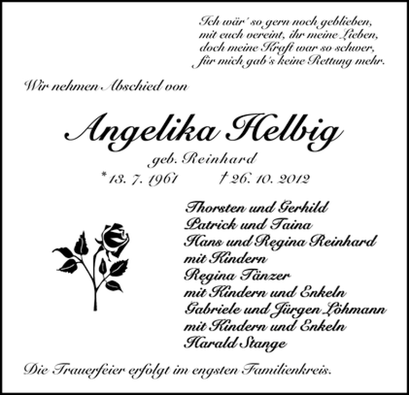 Traueranzeige von Angelika Helbig von WESER-KURIER
