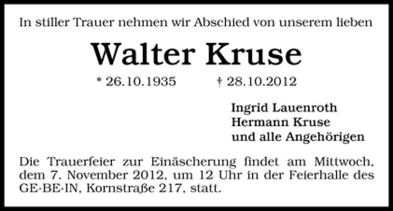 Traueranzeige von Walter Kruse von WESER-KURIER