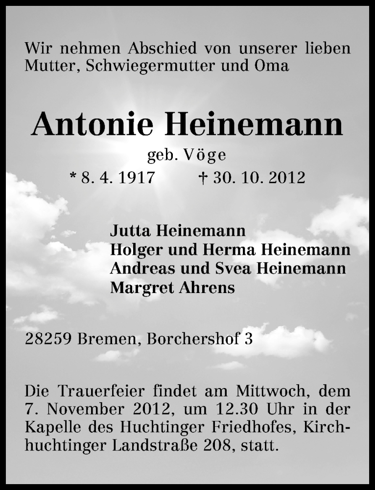 Traueranzeige von Antonie Heinemann von WESER-KURIER