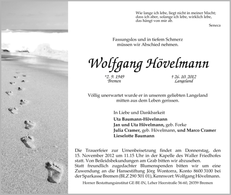 Traueranzeige von Wolfgang Hövelmann von WESER-KURIER