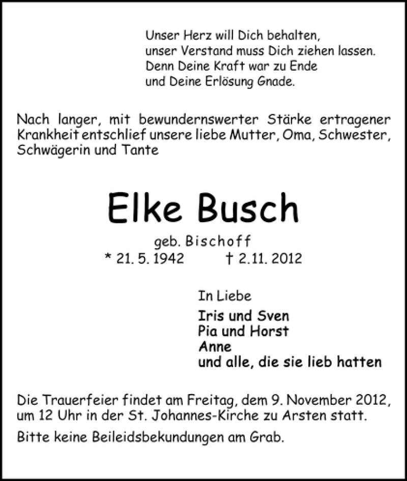 Traueranzeige von Elke Busch von WESER-KURIER