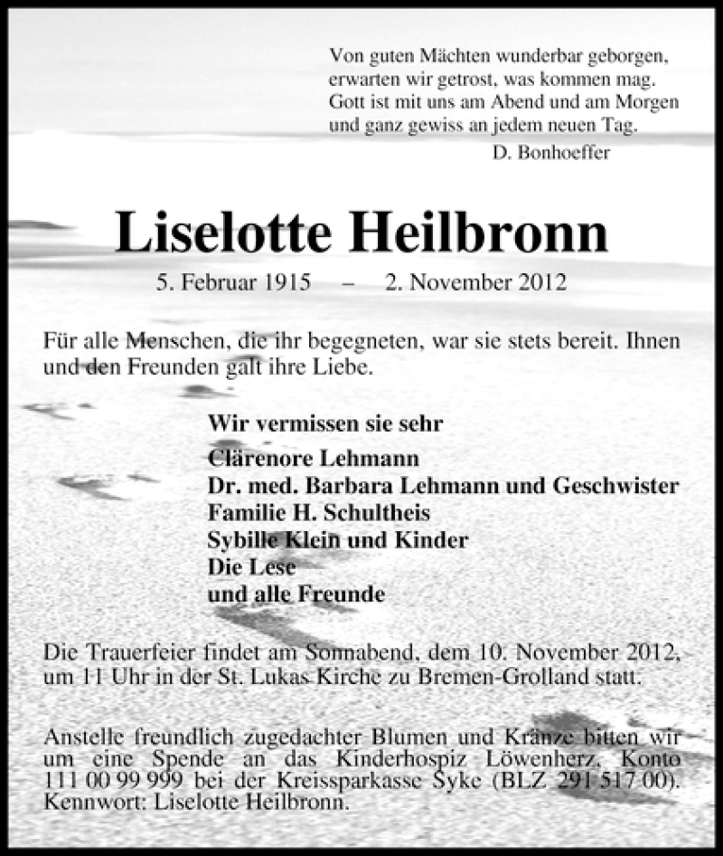 Traueranzeige von Liselotte Heilbronn von WESER-KURIER
