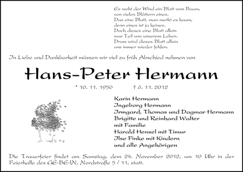 Traueranzeige von Hans-Peter Hermann von WESER-KURIER