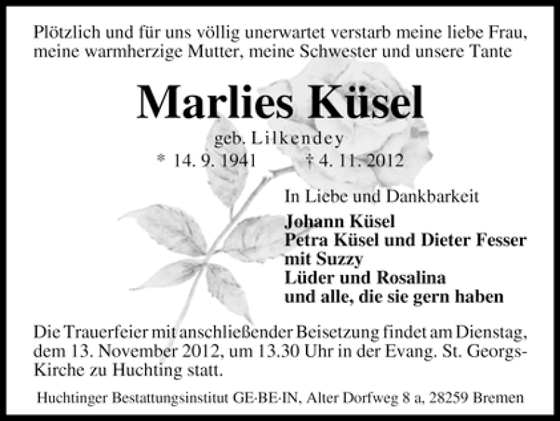 Traueranzeige von Marlies Küsel von WESER-KURIER