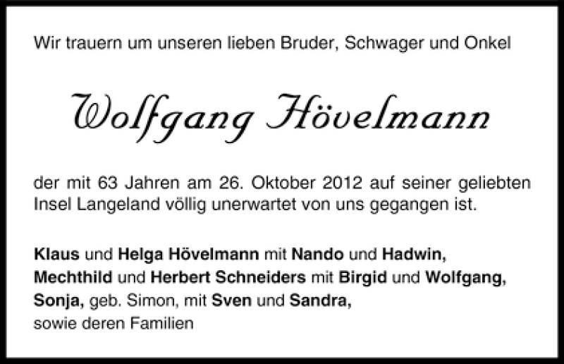 Traueranzeige von Wolfgang Hövelmann von WESER-KURIER