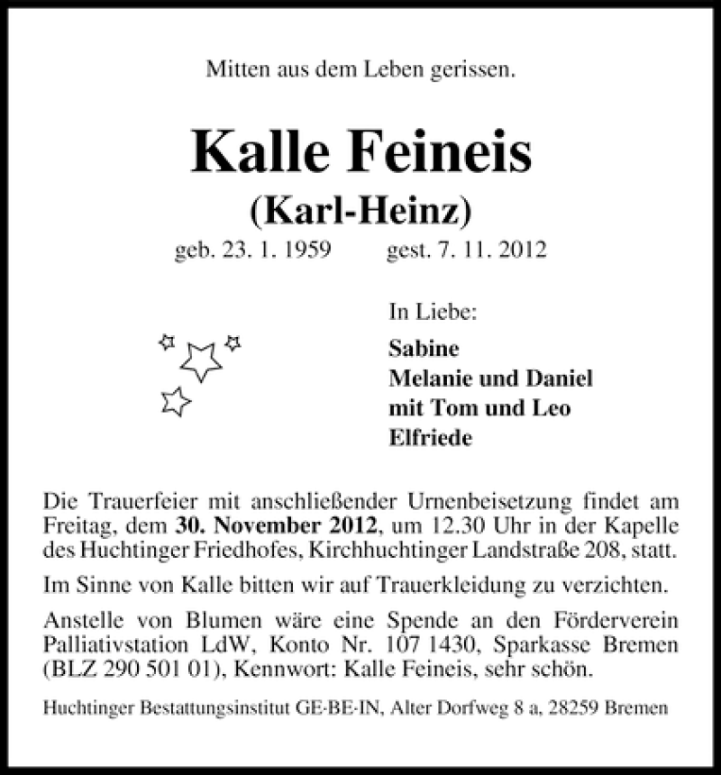 Traueranzeige von Kalle (Karl-Heinz) Feineis von WESER-KURIER