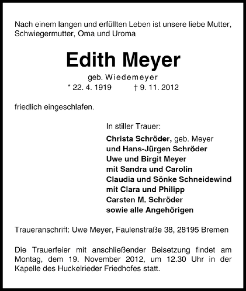 Traueranzeige von Edith Meyer von WESER-KURIER