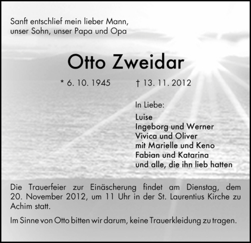 Traueranzeige von Otto Zweidar von WESER-KURIER