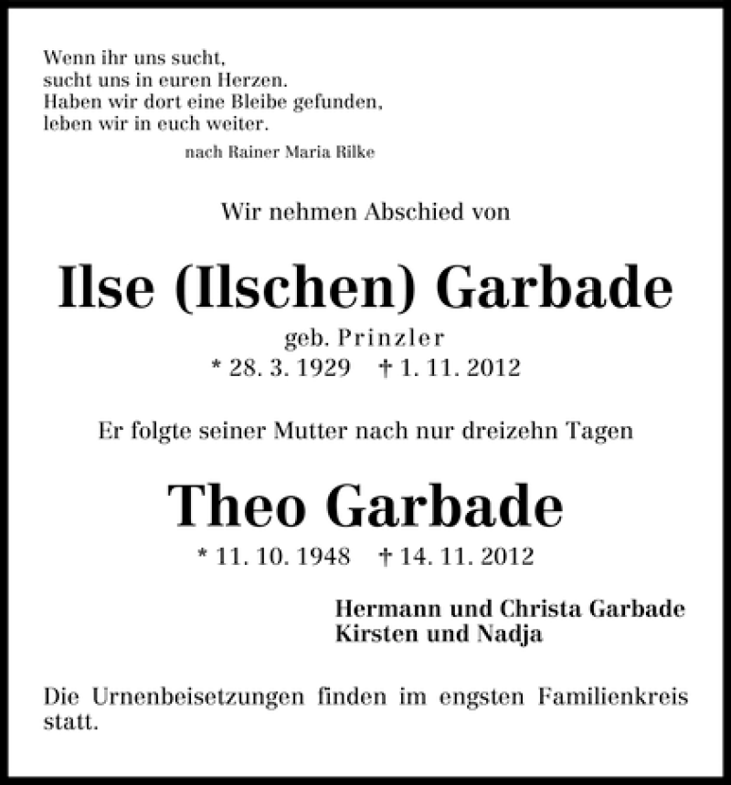 Traueranzeige von Ilse und Theo Garbade von WESER-KURIER
