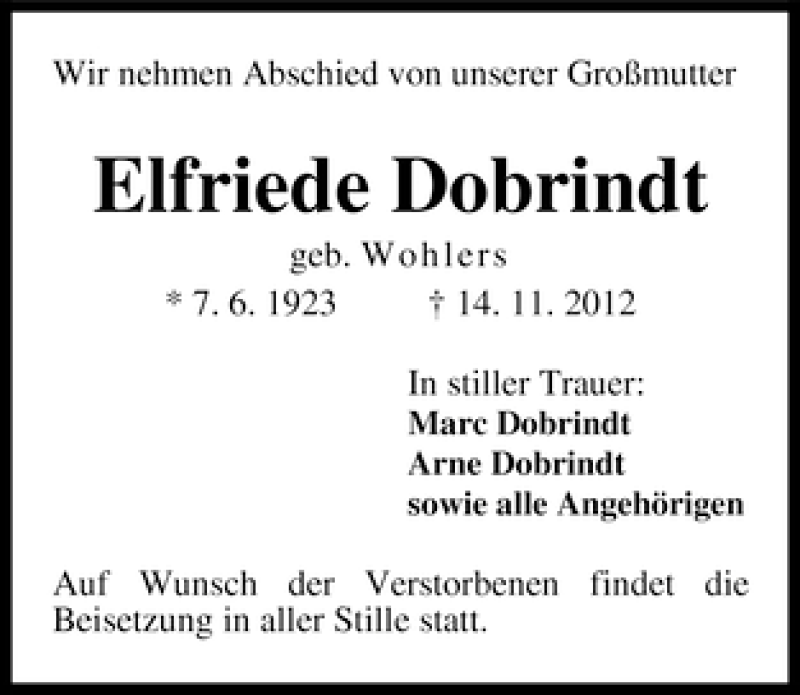 Traueranzeige von Elfriede Dobrindt von WESER-KURIER