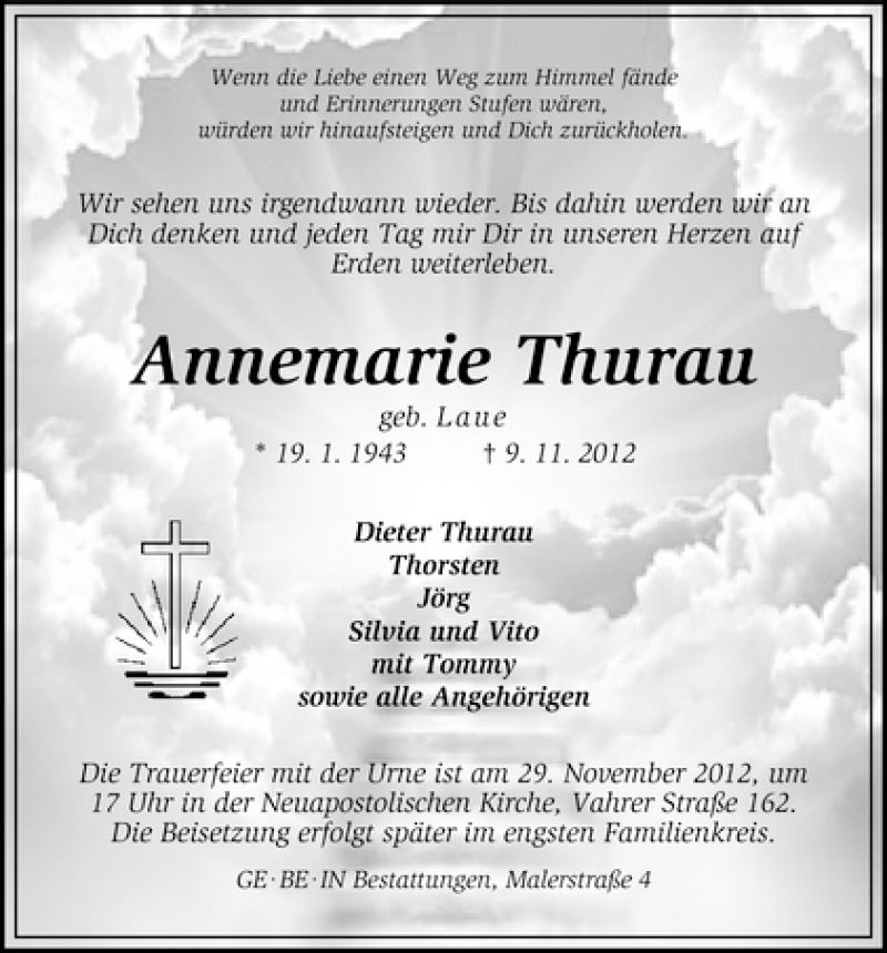 Traueranzeige von Annemarie Thurau von WESER-KURIER