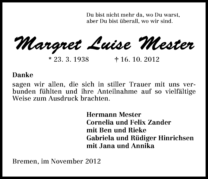 Traueranzeige von Margret Luise Mester von WESER-KURIER