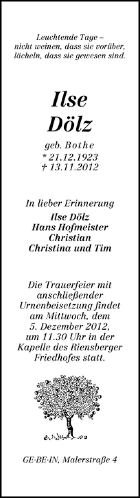 Traueranzeige von Ilse Dölz von WESER-KURIER