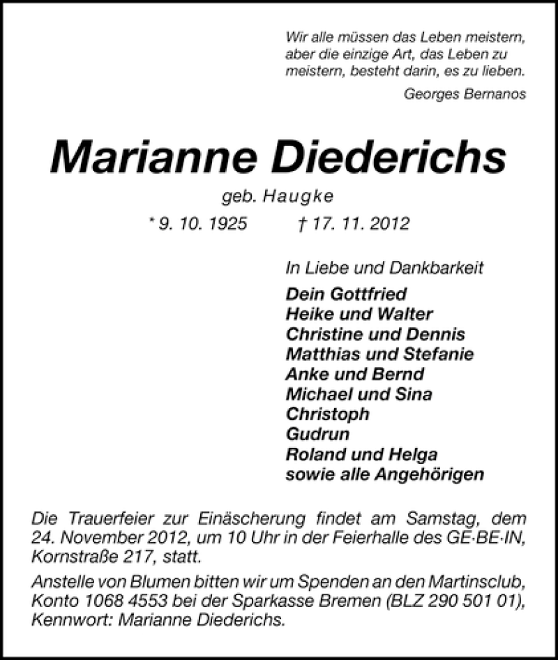 Traueranzeige von Marianne Diederichs von WESER-KURIER