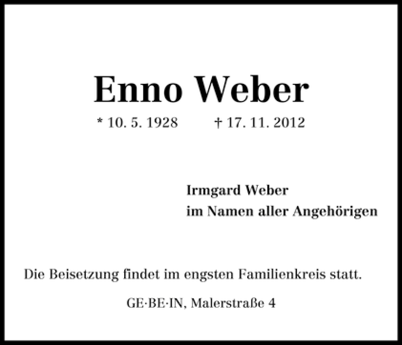 Traueranzeige von Enno Weber von WESER-KURIER
