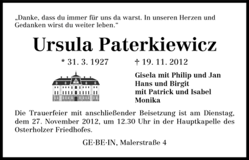 Traueranzeige von Ursula Paterkiewicz von WESER-KURIER