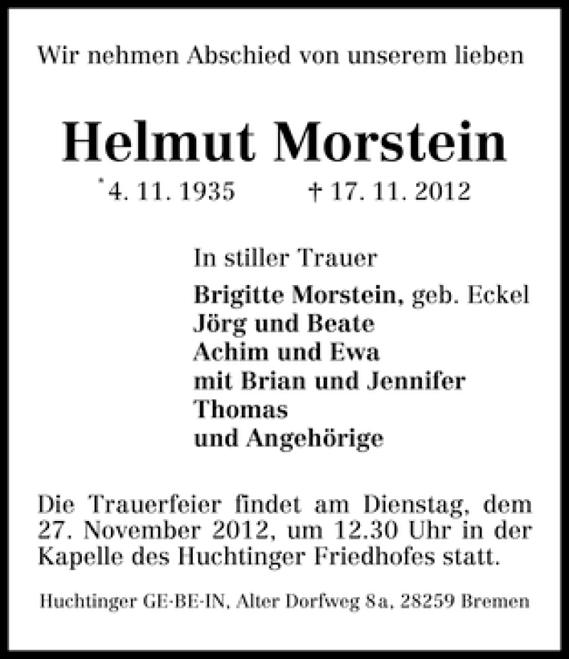 Traueranzeige von Helmut Morstein von WESER-KURIER