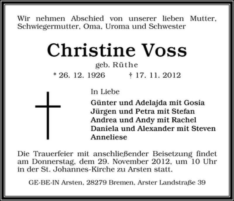 Traueranzeige von Christine Voss von WESER-KURIER
