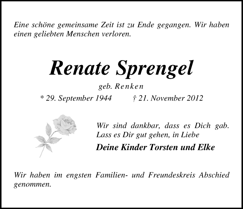 Traueranzeige von Renate Sprengel von WESER-KURIER
