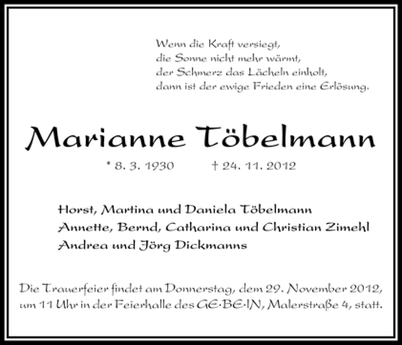 Traueranzeige von Marianne Töbelmann von WESER-KURIER