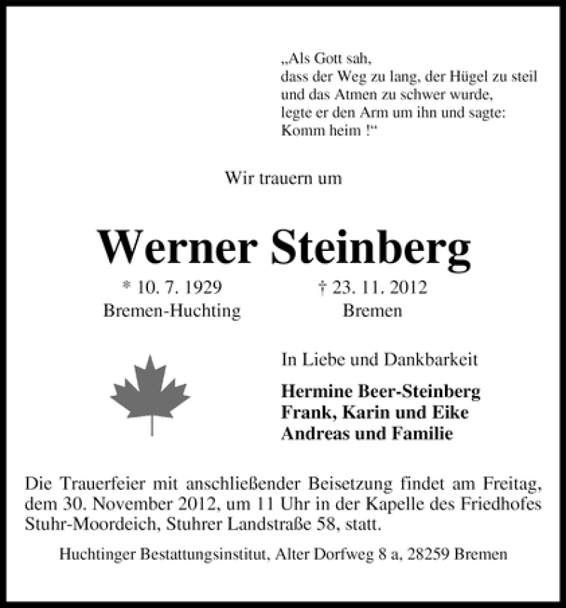 Traueranzeige von Werner Steinberg von WESER-KURIER