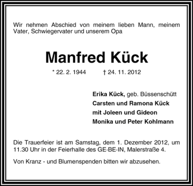 Traueranzeige von Manfred Kück von WESER-KURIER