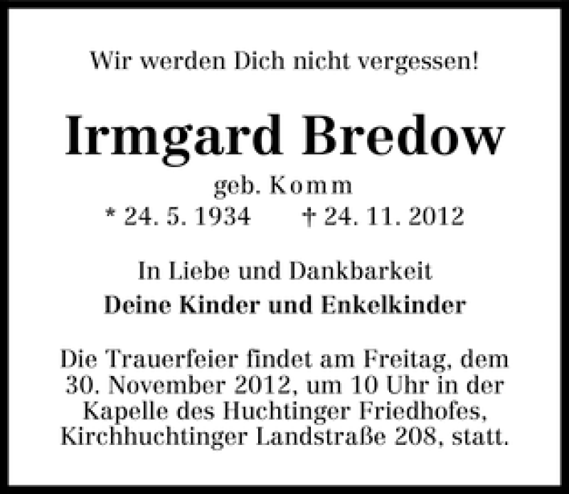 Traueranzeige von Irmgard Bredow von WESER-KURIER