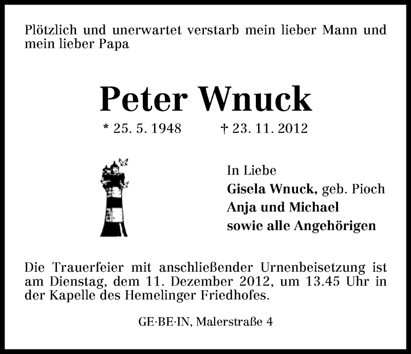 Traueranzeige von Peter Wnuck von WESER-KURIER