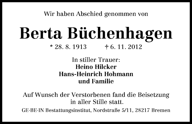 Traueranzeige von Bertra Büchenhagen von WESER-KURIER