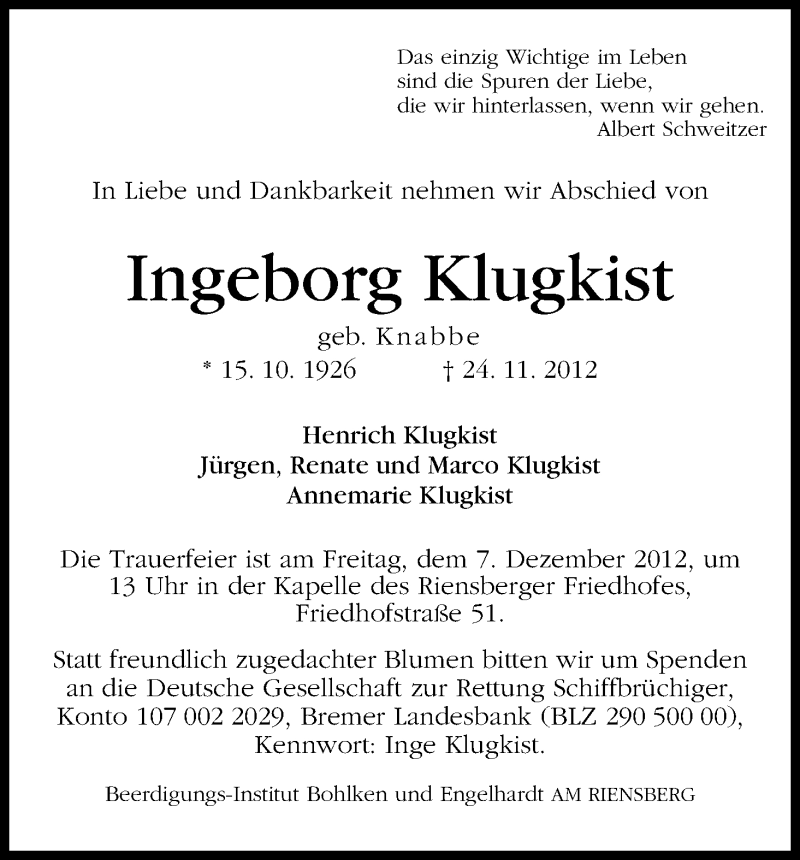 Traueranzeige von Ingeborg Klugkist von WESER-KURIER