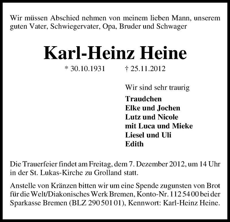 Traueranzeige von Karl-Heinz Heine von WESER-KURIER