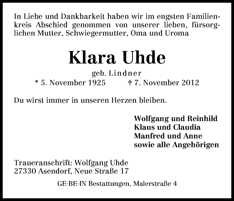 Traueranzeige von Klara Uhde von WESER-KURIER