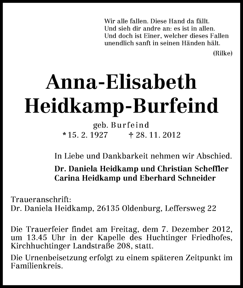 Traueranzeige von Anna-Elisabeth Heidkamp-Burfeind von WESER-KURIER