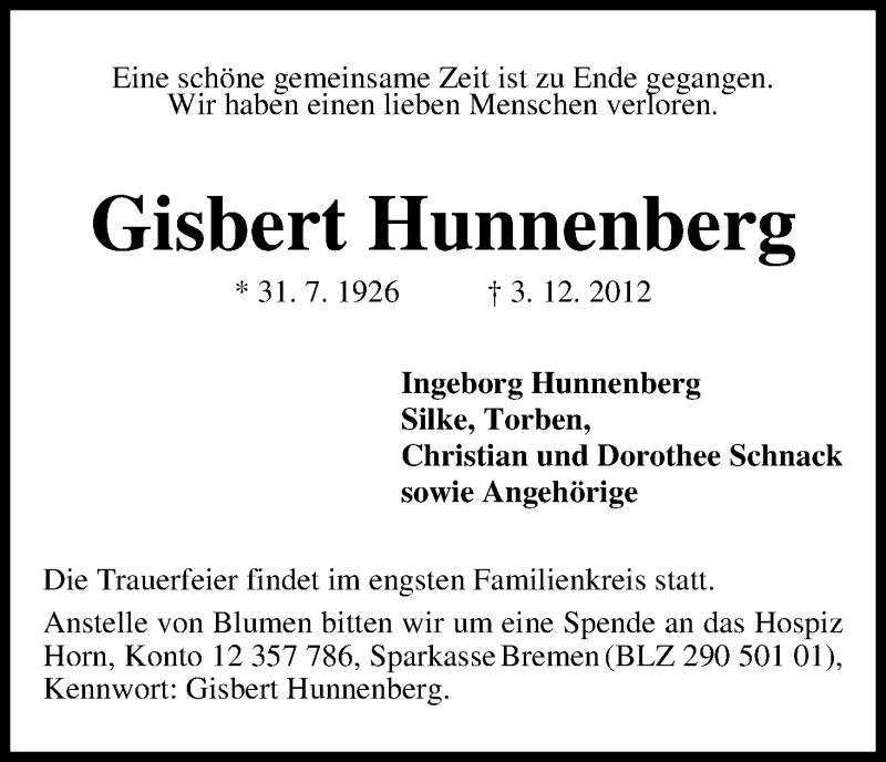 Traueranzeige von Gisbert Hunnenberg von WESER-KURIER