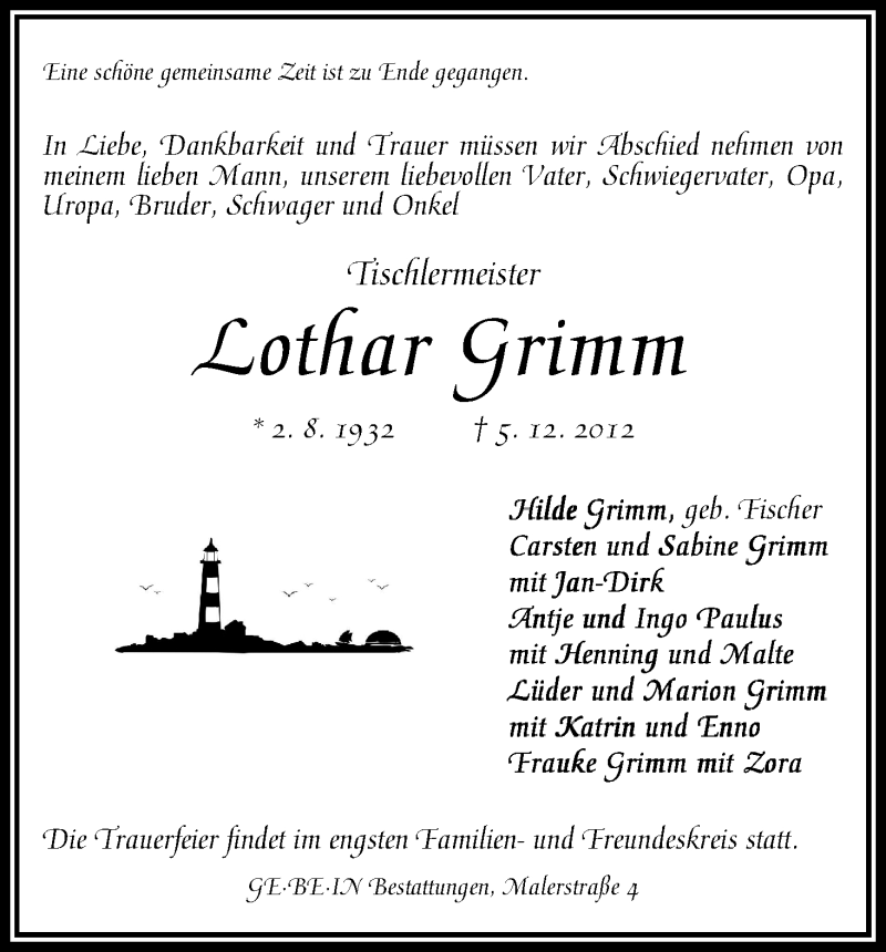 Traueranzeige von Lothar Grimm von WESER-KURIER