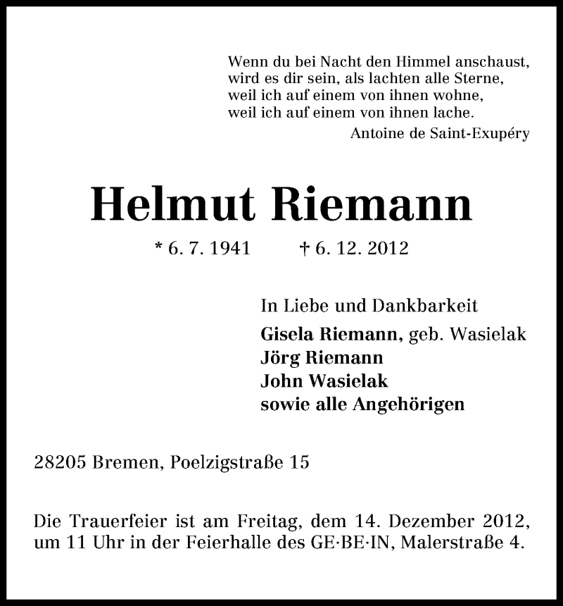 Traueranzeige von Helmut Riemann von WESER-KURIER