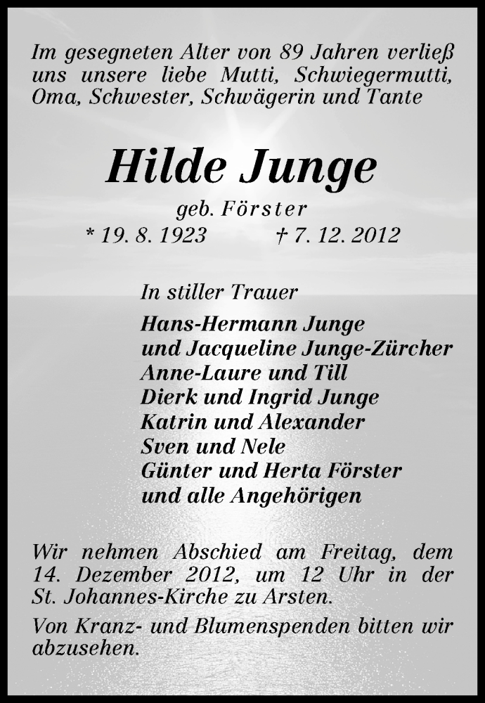 Traueranzeige von Hilde Junge von WESER-KURIER