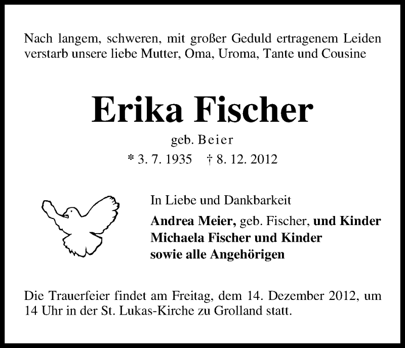 Traueranzeige von Erika Fischer von WESER-KURIER